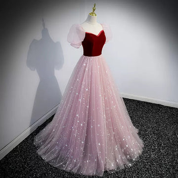 Princess Pink Short Sleeves Tulle Prom Dresses Sexy Evening Dress HZ1023